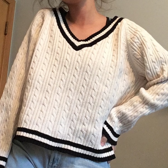 Liz Claiborne Sweaters - Classic V-Neck Black + White Stripe Knit Sweater